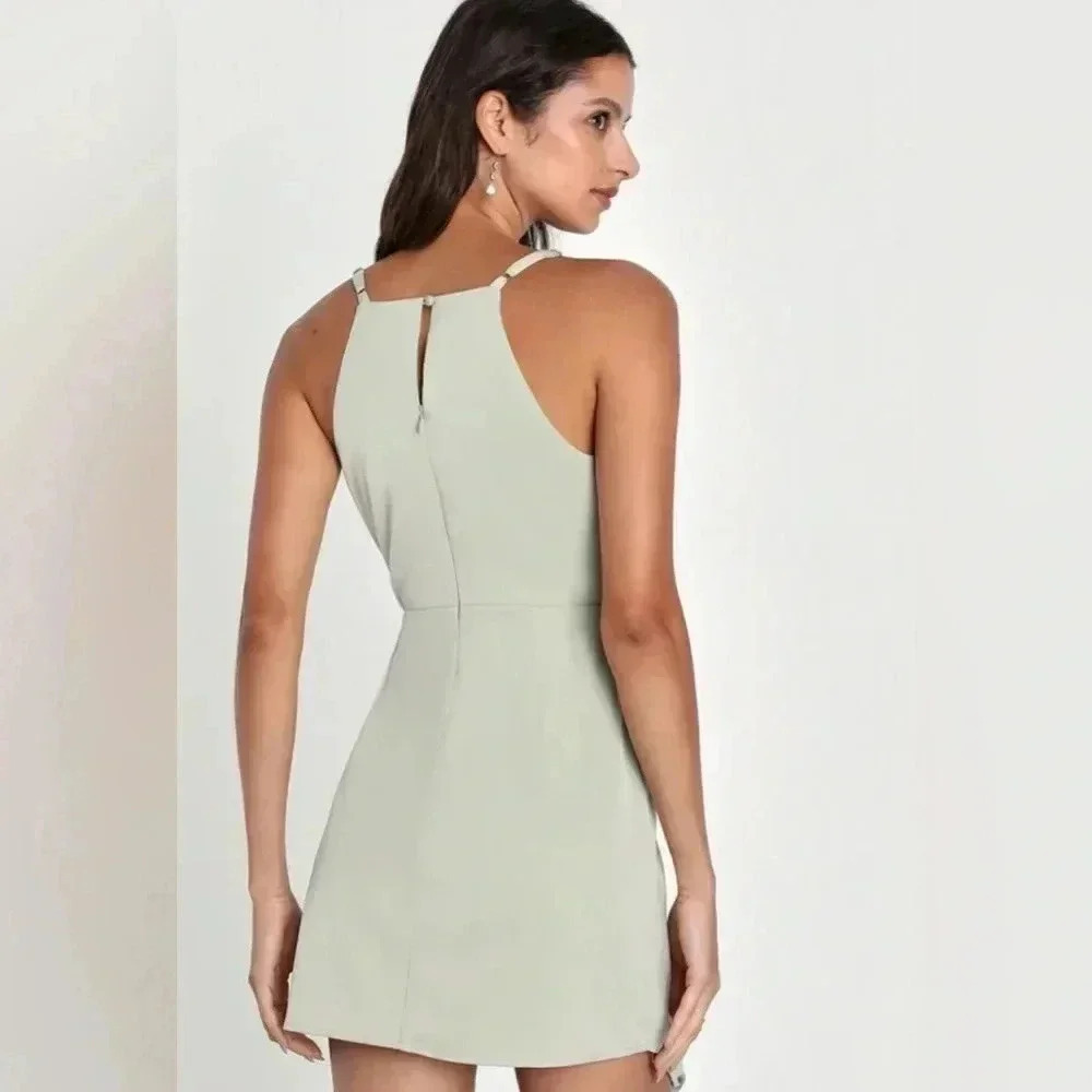 NWT LULU’S What a Stunner Sage Green Satin Asymmetrical
Mini Dress / Size Medium - Picture 2 of 9